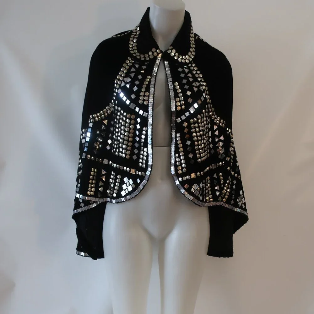 NWT Tina Demel Black Velvet Mirrored Embellished Peter Pan Collar Capelet OS - Picture 3 of 14